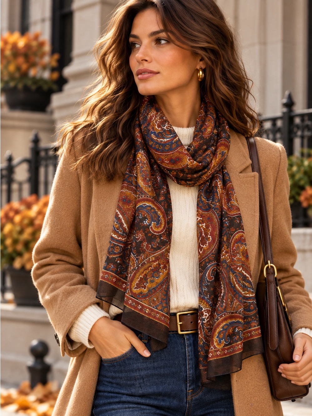 NWT Made in Italy Paisley Scarf Brown Rust Blue Sheer Preppy Fall Quiet Luxury